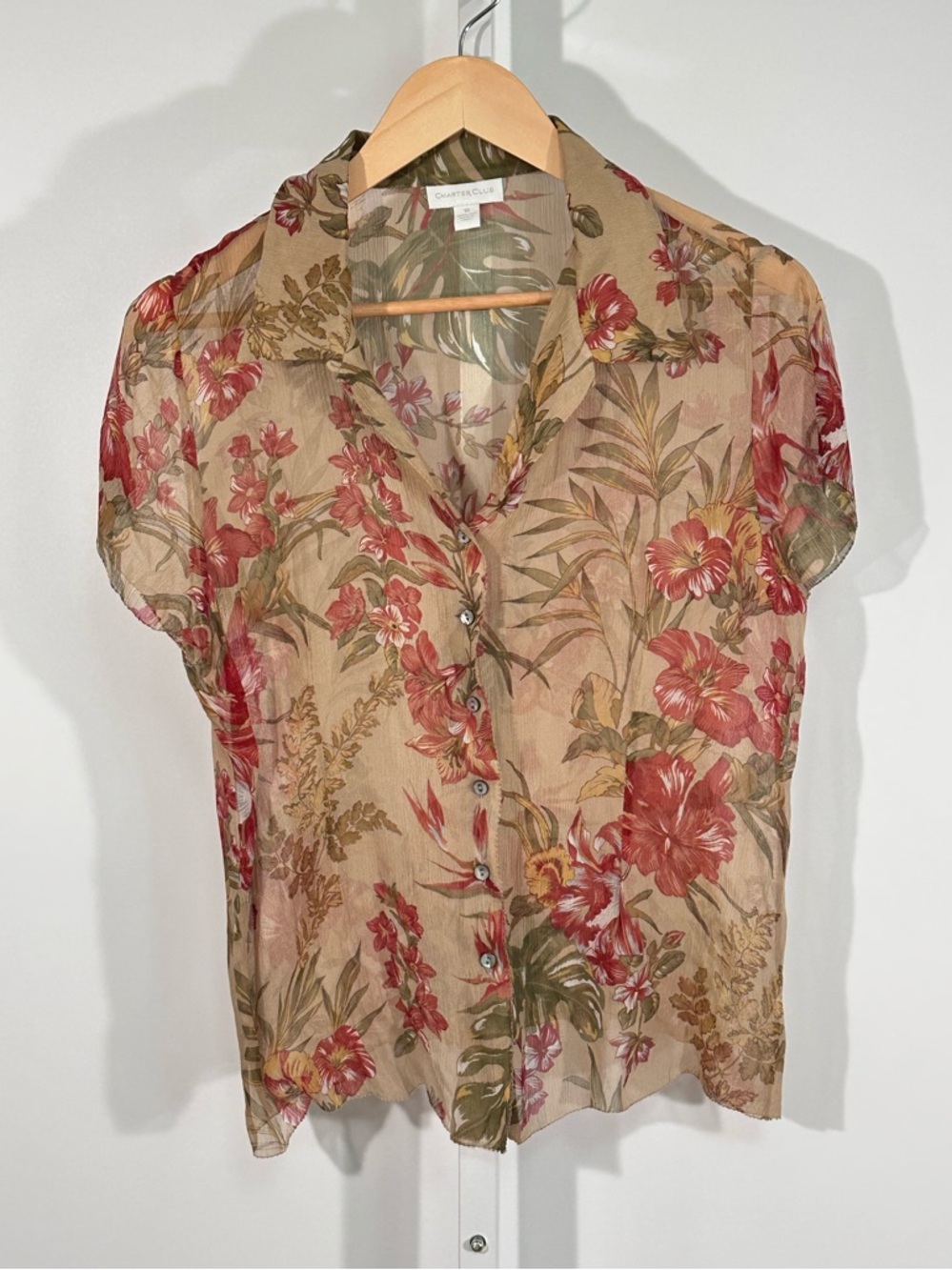 Charter Club Tropical Floral Sheer Button Blouse Women’s 10 Hawaiian Floral Top